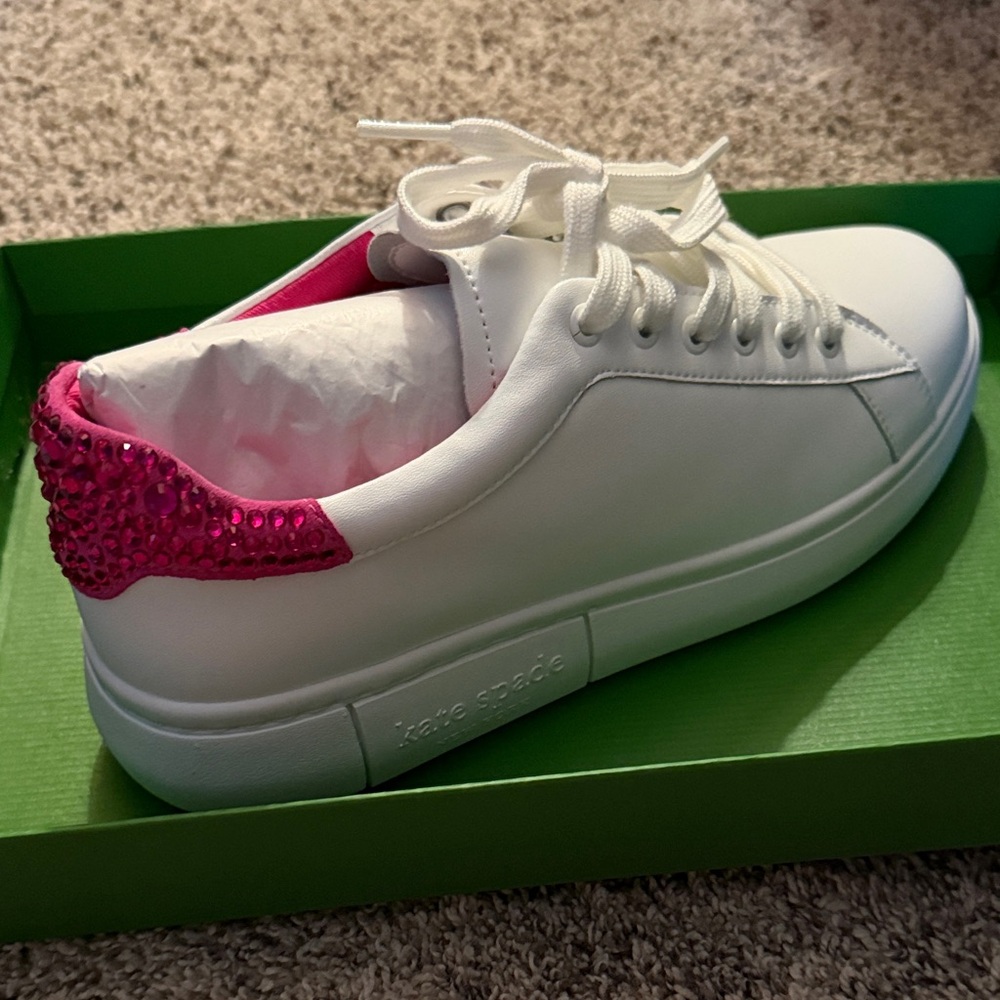 NEW kate spade White Leather Sneaker with Pink Crystal Heel - 9